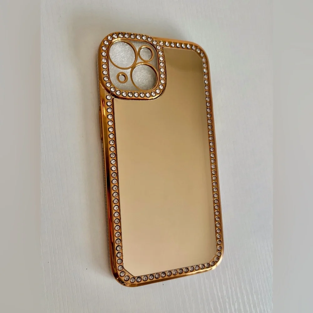 Gold Bling Crystal iPhone 15 Case - Mirror Protective Cover